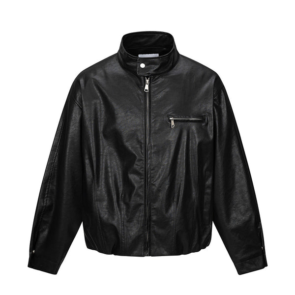 Chaqueta Moto Hombre – Cuero Sintético con Cuello Mao